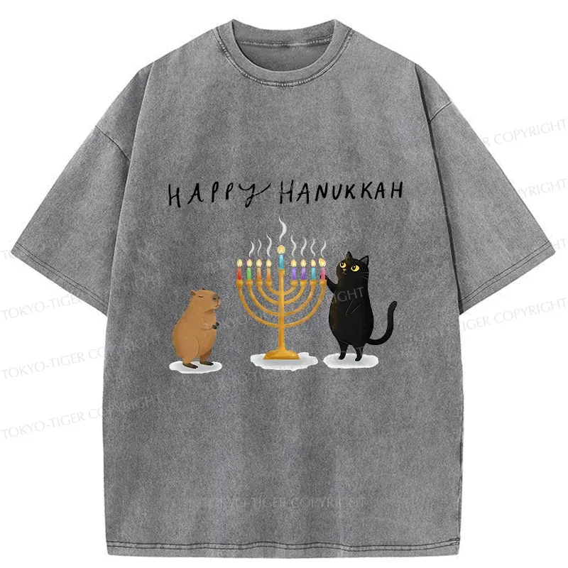 Tokyo-Tiger Cats Light Hanukkah Candles Washed T-Shirt