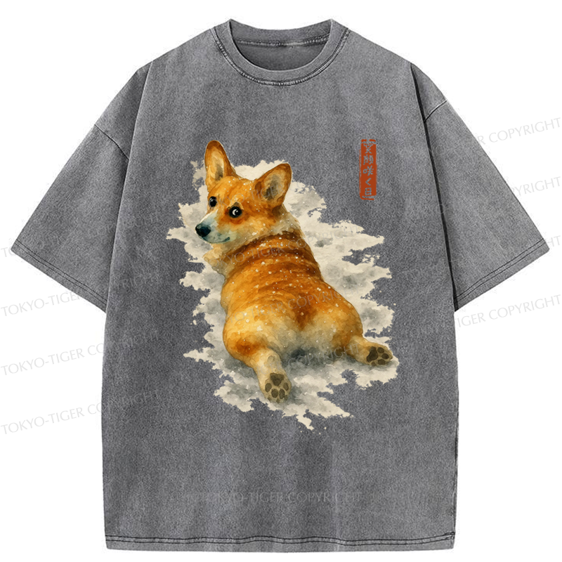 Tokyo-Tiger Corgi in the Snow Washed T-Shirt