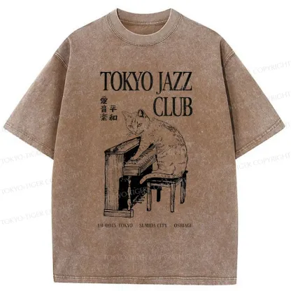 Tokyo-Tiger Cat Playing The Piano Washed T-Shirt