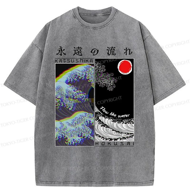 Tokyo-Tiger Ukiyo-e Wave Poster Washed T-Shirt
