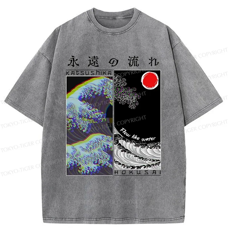 Tokyo-Tiger Ukiyo-e Wave Poster Washed T-Shirt