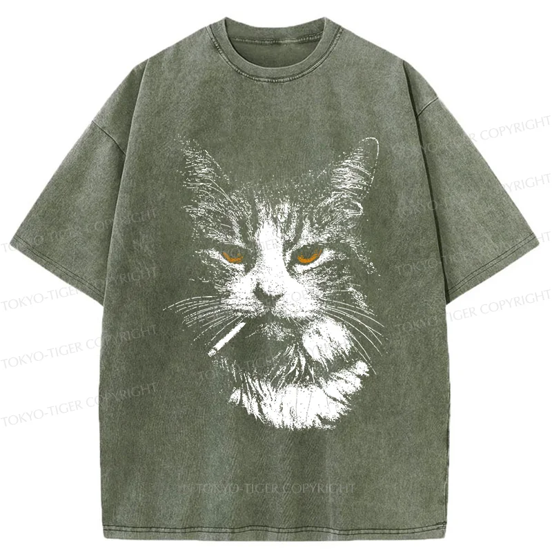 Tokyo-Tiger Handsome Cat Smoking Washed T-Shirt