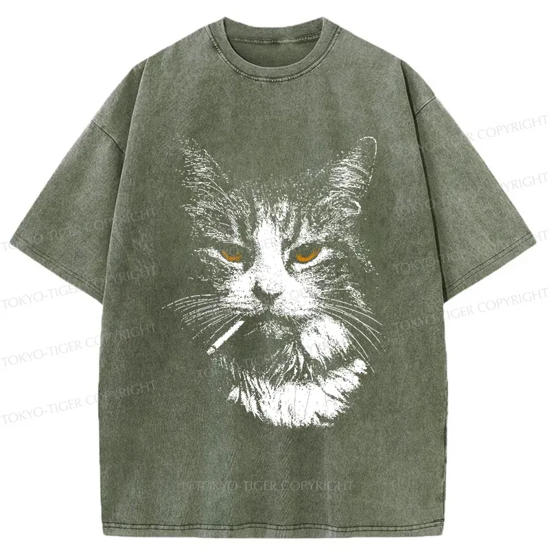 Tokyo-Tiger Handsome Cat Smoking Washed T-Shirt