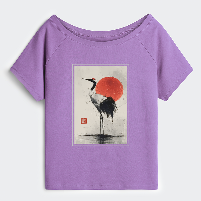 Tokyo-Tiger Retro Japanese Red-crowned Crane Off Shoulder T-Shirt