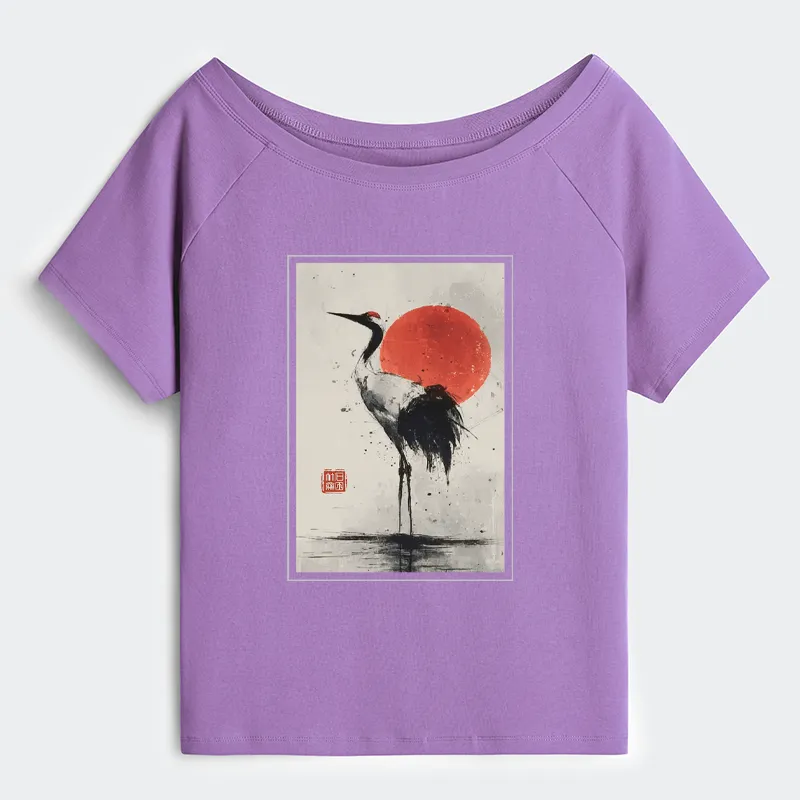 Tokyo-Tiger Retro Japanese Red-crowned Crane Off Shoulder T-Shirt