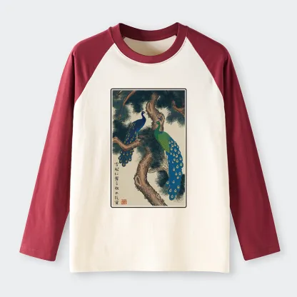 Tokyo-Tiger Peacocks In Snowy Pines Raglan Long Sleeve T-shirt
