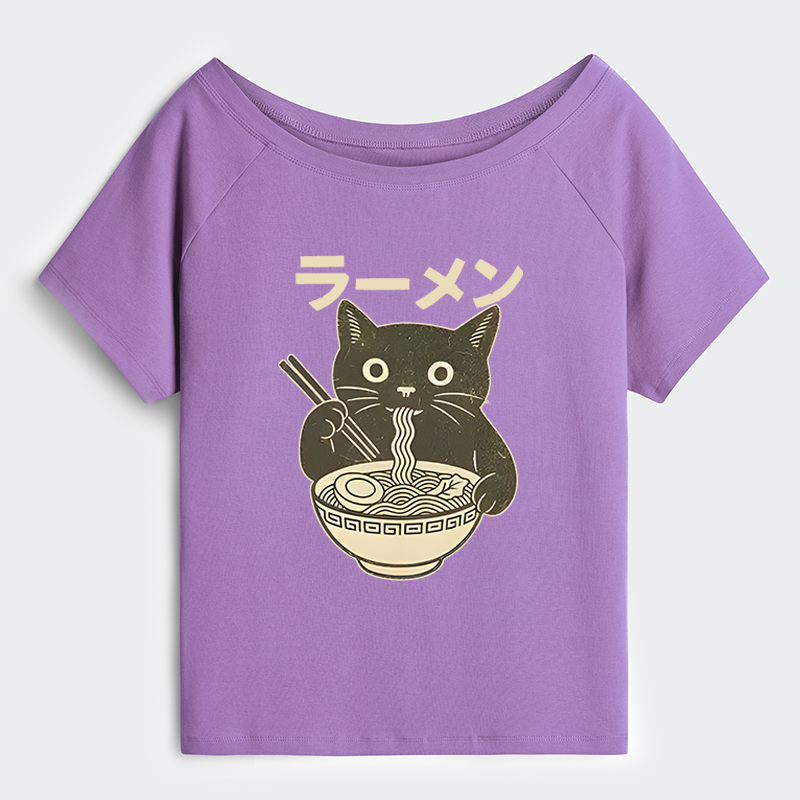 Tokyo-Tiger Simple Black Cat Eating Ramen Off Shoulder T-Shirt