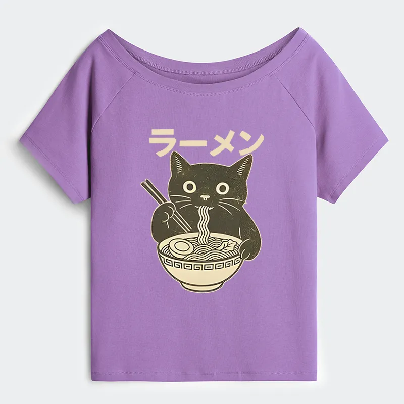 Tokyo-Tiger Simple Black Cat Eating Ramen Off Shoulder T-Shirt
