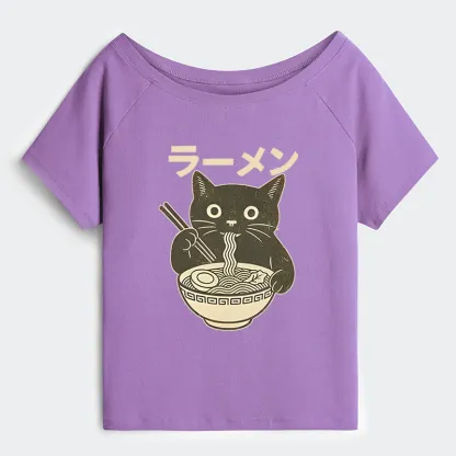 Tokyo-Tiger Simple Black Cat Eating Ramen Off Shoulder T-Shirt