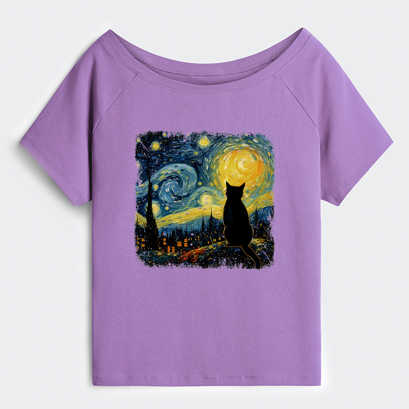 Tokyo-Tiger The Starry Night Cat Off Shoulder T-Shirt