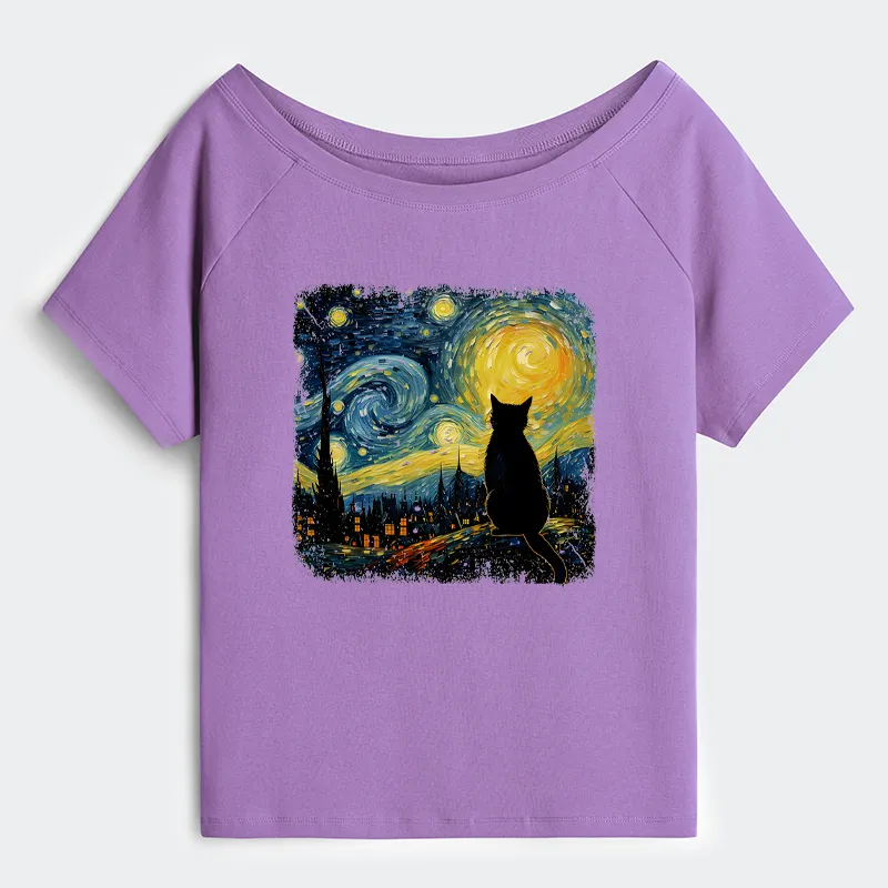 Tokyo-Tiger The Starry Night Cat Off Shoulder T-Shirt