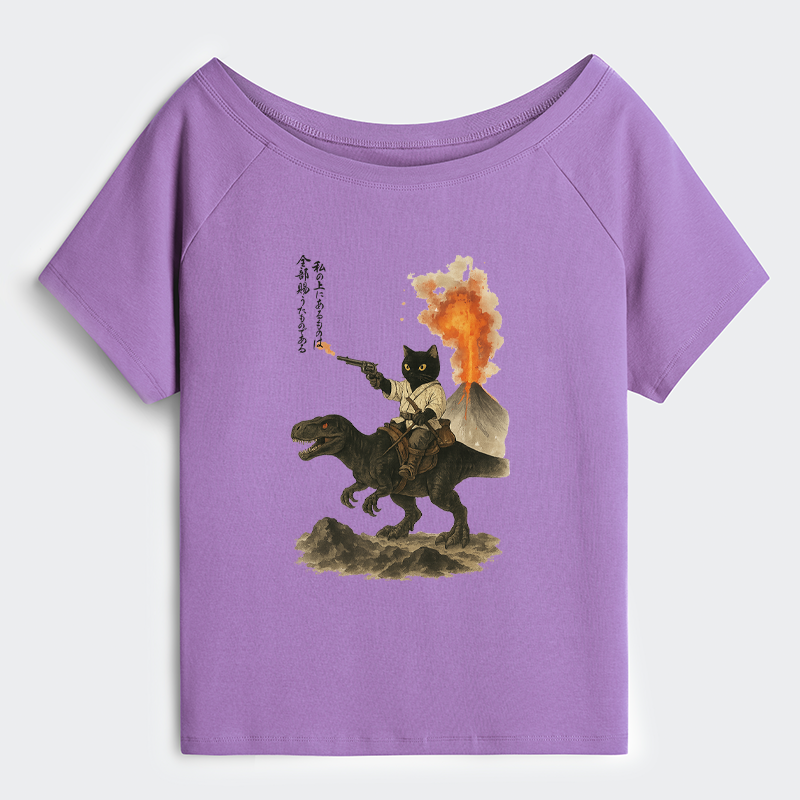 Tokyo-Tiger Cat Riding A Dinosaur Off Shoulder T-Shirt