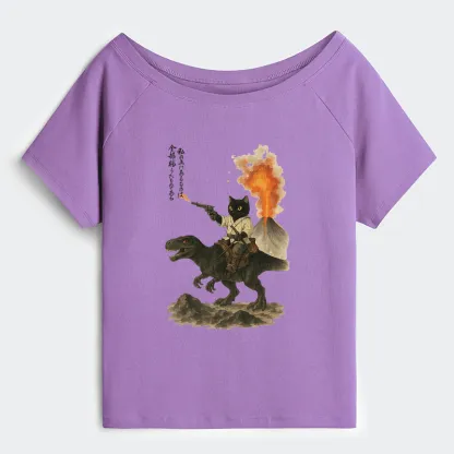 Tokyo-Tiger Cat Riding A Dinosaur Off Shoulder T-Shirt
