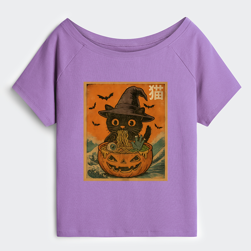 Tokyo-Tiger Halloween Cat Eating Ramen Off Shoulder T-Shirt