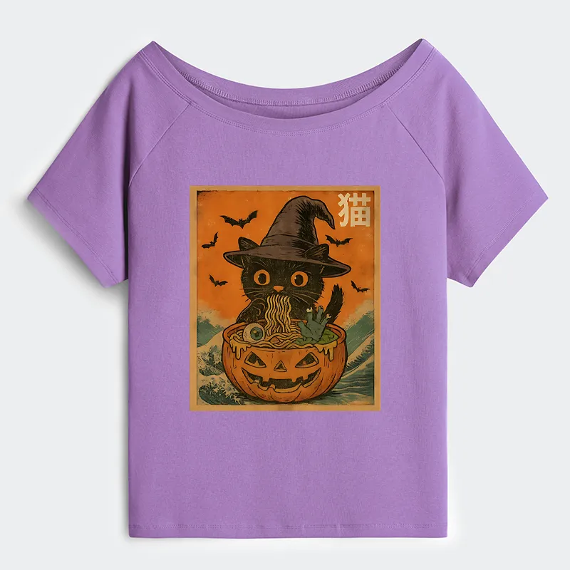 Tokyo-Tiger Halloween Cat Eating Ramen Off Shoulder T-Shirt