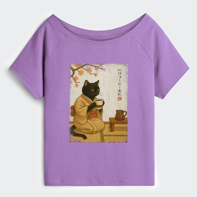 Tokyo-Tiger Cat Heart Full Of Coffee Off Shoulder T-Shirt