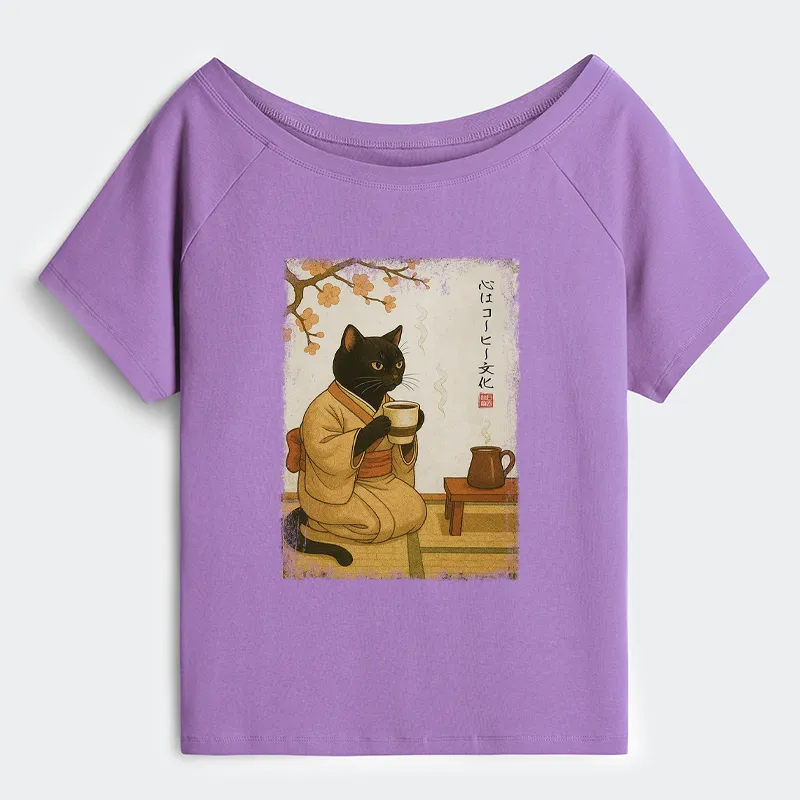 Tokyo-Tiger Cat Heart Full Of Coffee Off Shoulder T-Shirt