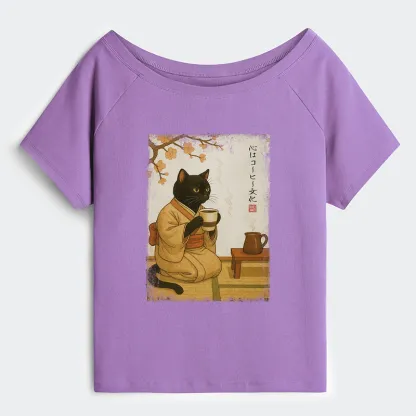 Tokyo-Tiger Cat Heart Full Of Coffee Off Shoulder T-Shirt