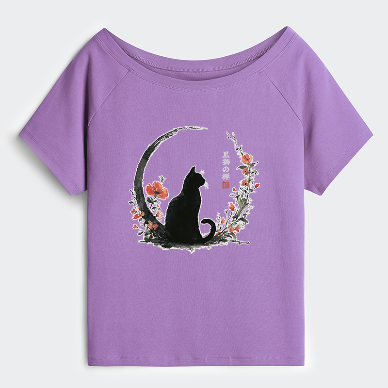 okyo-Tiger Black Cat And Flowers Off Shoulder T-Shirt