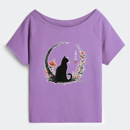 okyo-Tiger Black Cat And Flowers Off Shoulder T-Shirt