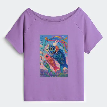 Tokyo-Tiger Ukiyoe Rabbit Ride Carp Streamer Poster Off Shoulder T-Shirt