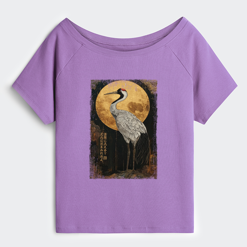Tokyo-Tiger Vintage Japanese Crane Kanji Off Shoulder T-Shirt
