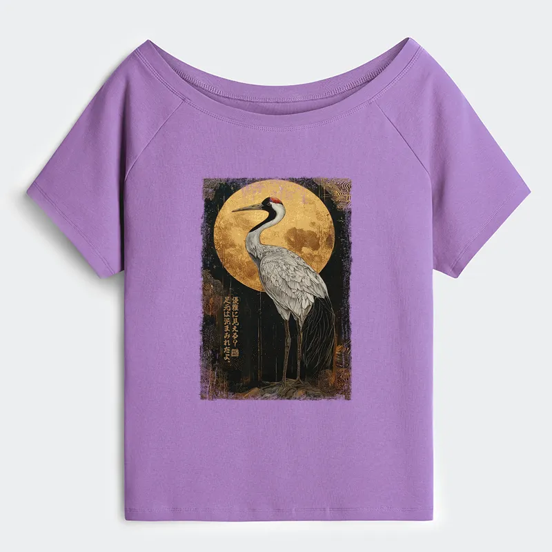 Tokyo-Tiger Vintage Japanese Crane Kanji Off Shoulder T-Shirt