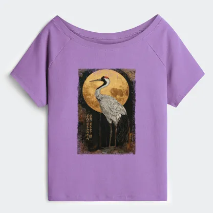 Tokyo-Tiger Vintage Japanese Crane Kanji Off Shoulder T-Shirt