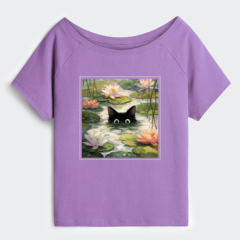Tokyo-Tiger Black Cat and Lotus Flower Off Shoulder T-Shirt