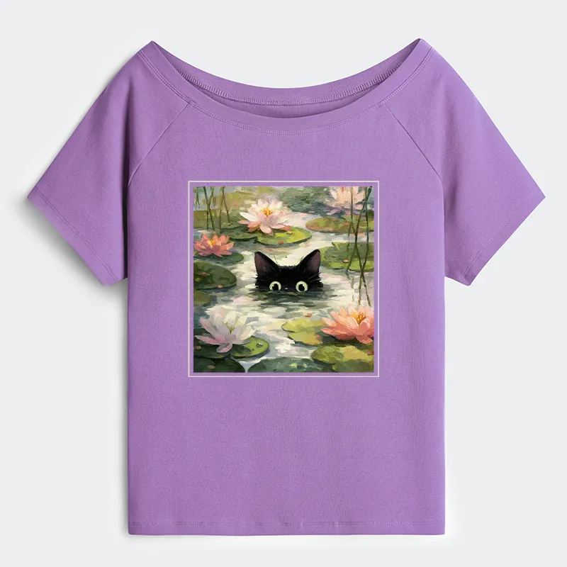 Tokyo-Tiger Black Cat and Lotus Flower Off Shoulder T-Shirt