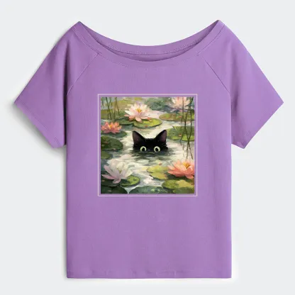 Tokyo-Tiger Black Cat and Lotus Flower Off Shoulder T-Shirt
