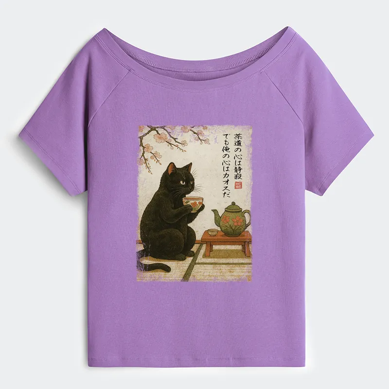 Tokyo-Tiger Tea Time With A Black Cat Off Shoulder T-Shirt