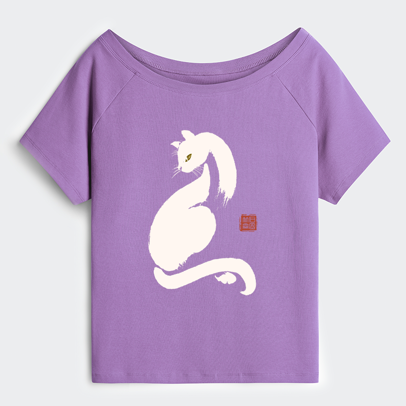 Tokyo-Tiger Elegant Black Cat Japan Off Shoulder T-Shirt