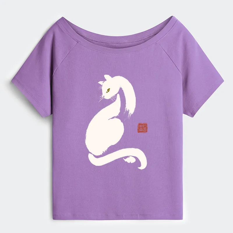 Tokyo-Tiger Elegant Black Cat Japan Off Shoulder T-Shirt