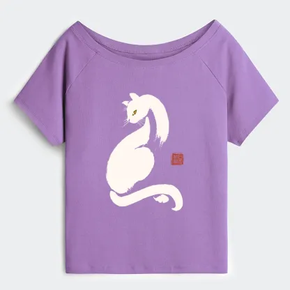 Tokyo-Tiger Elegant Black Cat Japan Off Shoulder T-Shirt