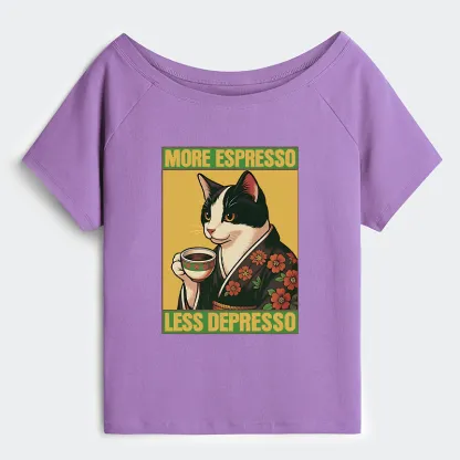 Tokyo-Tiger Tuxedo Cat Drinking Coffee Off Shoulder T-Shirt