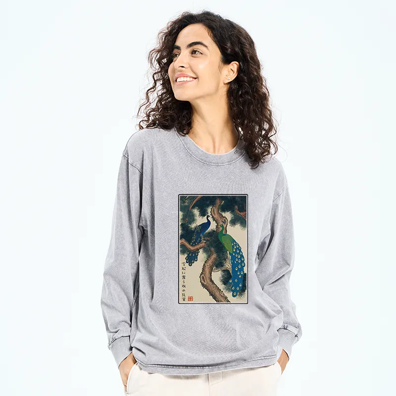 Tokyo-Tiger Peacocks in Snowy Pines Washed Long Sleeve T-Shirt