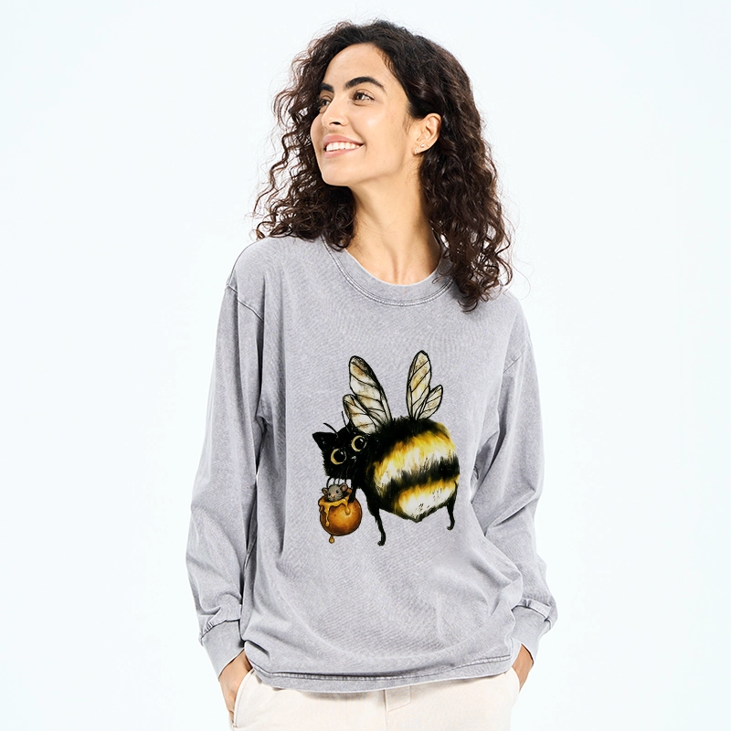 Tokyo-Tiger Cute Catbee Butt Washed Long Sleeve T-Shirt