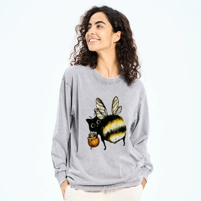 Tokyo-Tiger Cute Catbee Butt Washed Long Sleeve T-Shirt