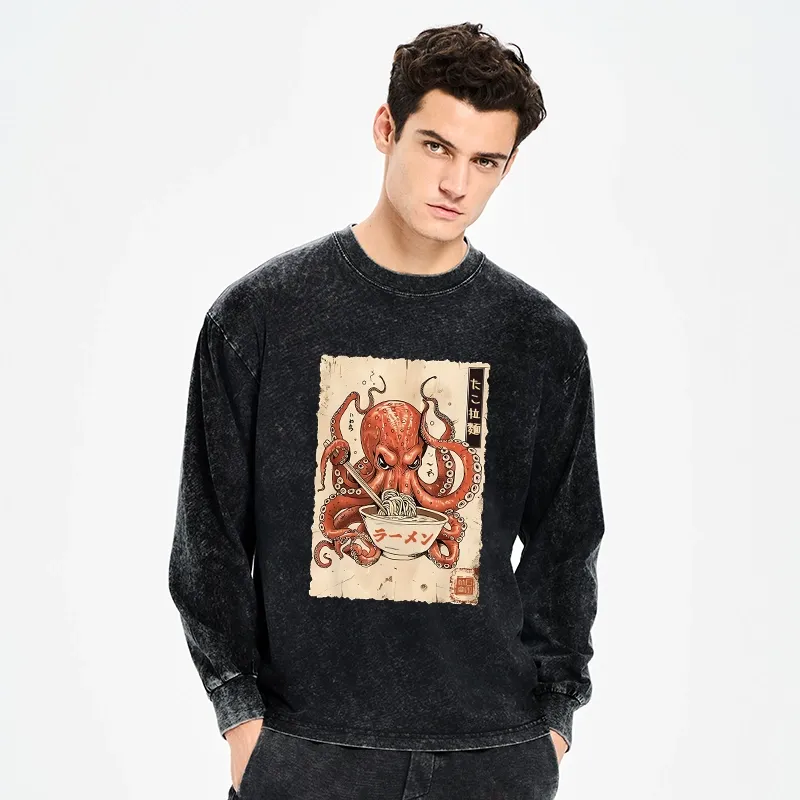 Tokyo-Tiger Retro Octopus Eating Ramen Washed Long Sleeve T-Shirt
