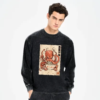Tokyo-Tiger Retro Octopus Eating Ramen Washed Long Sleeve T-Shirt