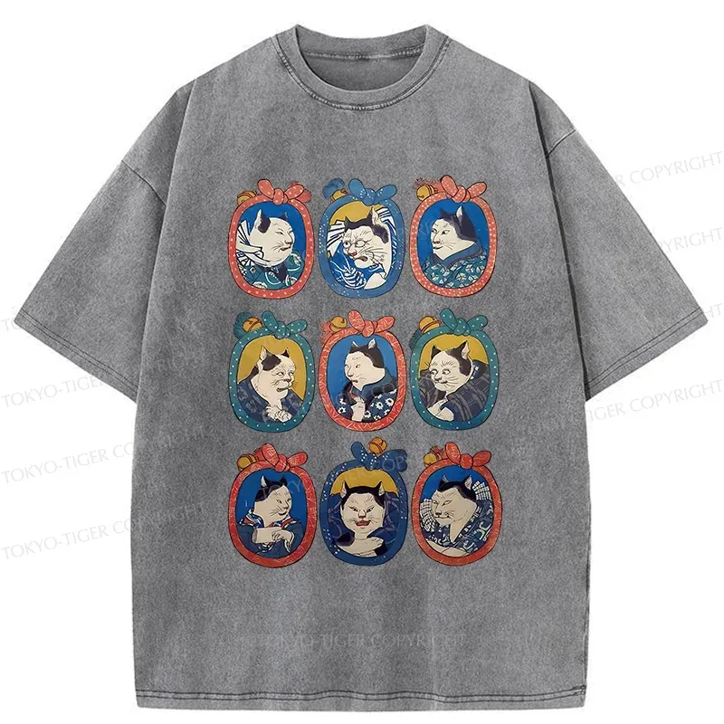 Tokyo-Tiger Ukiyo-e Cat Portrait Washed T-Shirt