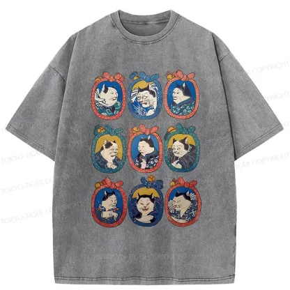 Tokyo-Tiger Ukiyo-e Cat Portrait Washed T-Shirt