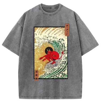 Tokyo-Tiger Surfing Demon Washed T-Shirt