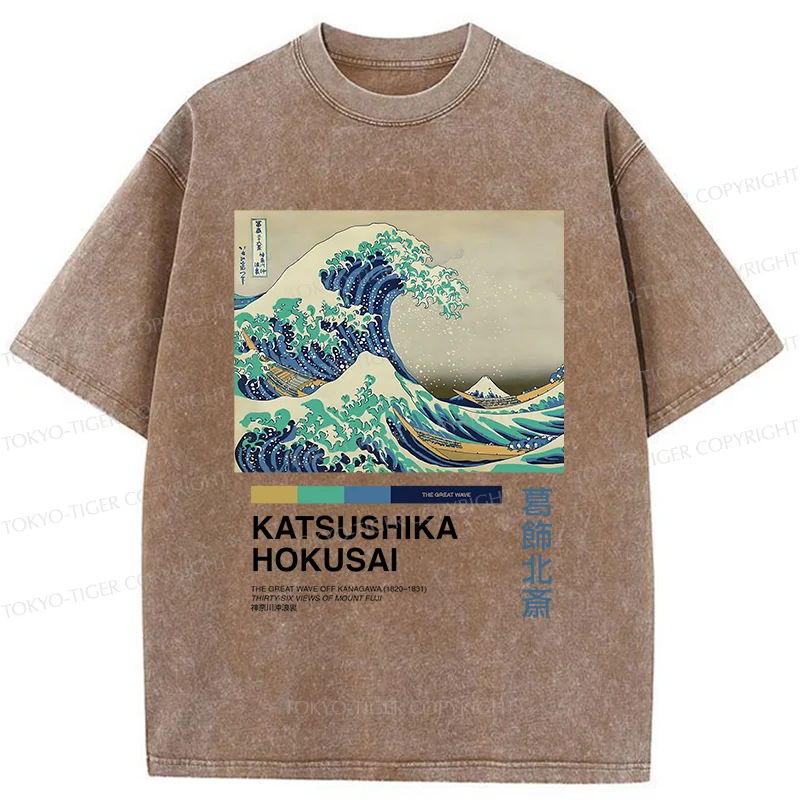 Tokyo-Tiger Japanese Ukiyo-e Waves Washed T-Shirt