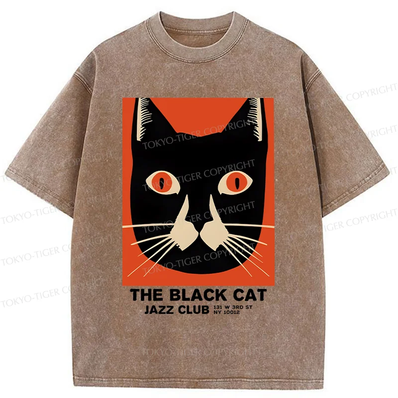 Tokyo-Tiger Minimalist Black Cat Washed T-Shirt