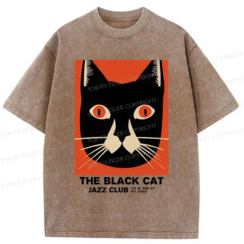 Tokyo-Tiger Minimalist Black Cat Washed T-Shirt