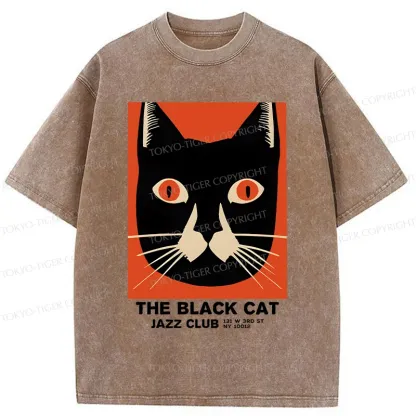 Tokyo-Tiger Minimalist Black Cat Washed T-Shirt