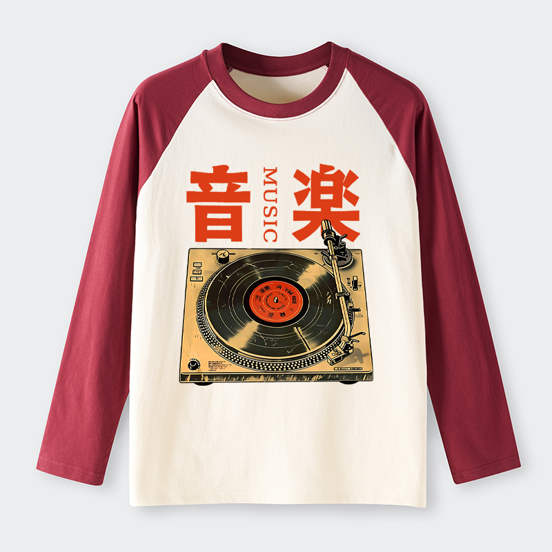 Tokyo-Tiger Retro Music Record Player Raglan Long Sleeve T-shirt