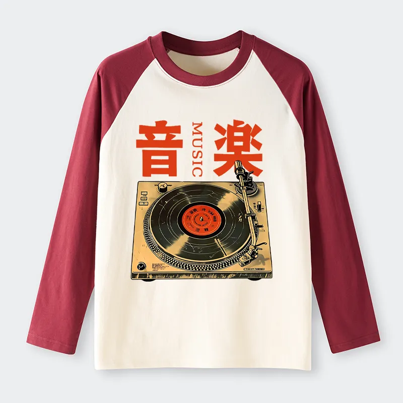 Tokyo-Tiger Retro Music Record Player Raglan Long Sleeve T-shirt